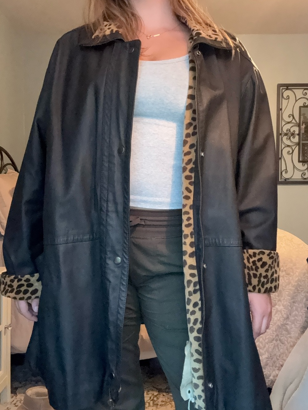 Vintage Black Trench Coat with Leopard Trim
